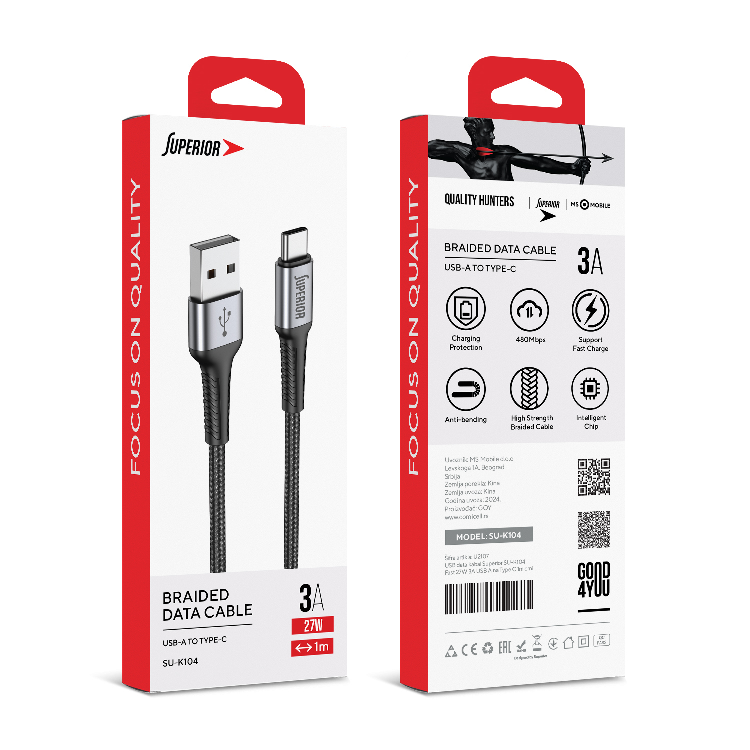 USB data kabal Superior SU-K104 Fast 27W 3A USB A na Type C 1m crni cena 1000 din slika